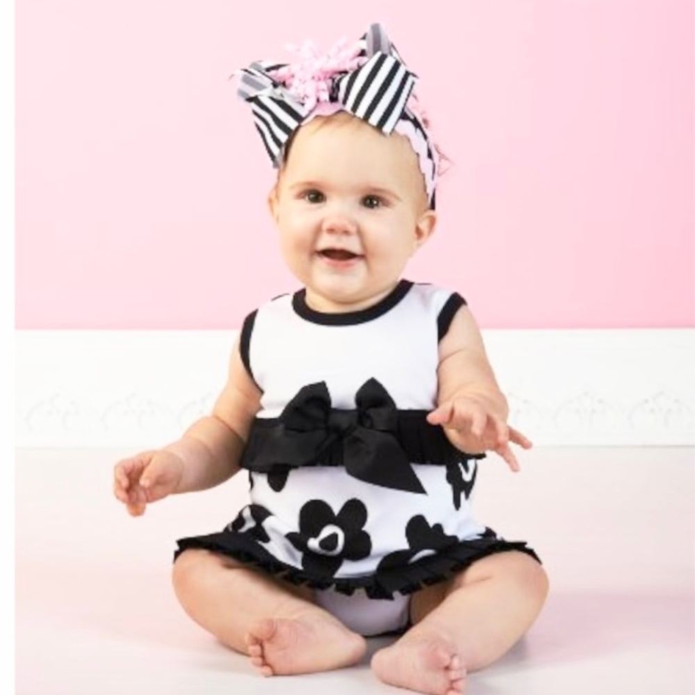 Mud Pie Floral Ruffle Bodysuit Dress, Girls 9-12M White Black